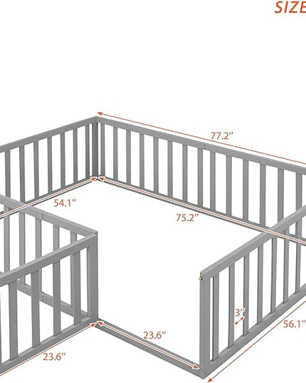 Full Size Wood Floor Bed Frame with Fence, Montessori Floor Bed w/Door, Kids Noise Free Beds, No Box Spring Needed, Easy Assembly, for Children, Toddlers, Gray - LeafyLoom