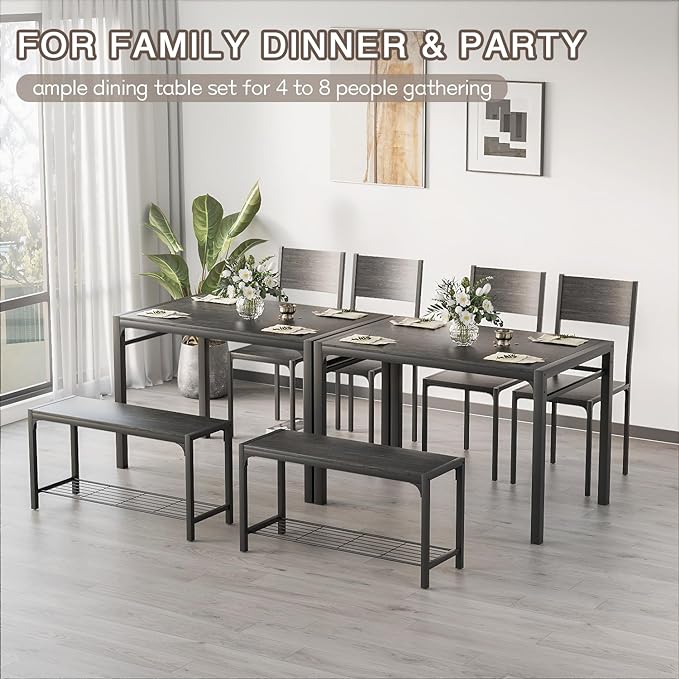 Kitchen Table and 2 Chairs for 4 with Bench, 4 Piece Dining Sets for Small Space, Grey - LeafyLoom