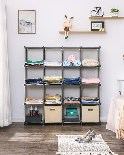 ANWBROAD Cube Storage Organizer, 16-Cube Cubby Shelving Book Shelf Living Room, Closet Clothes organizers, Kids Toys Craft Yarn Storage with Rubber Hammer for Bedroom Office Gray ULCS016H - LeafyLoom