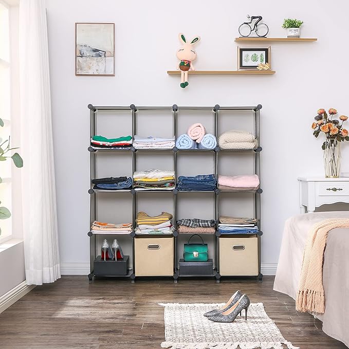 ANWBROAD Cube Storage Organizer, 16-Cube Cubby Shelving Book Shelf Living Room, Closet Clothes organizers, Kids Toys Craft Yarn Storage with Rubber Hammer for Bedroom Office Gray ULCS016H - LeafyLoom