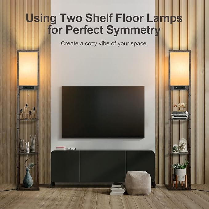 OUTON Floor Lamp with Shelves, Dimmable Shelf Floor Lamp with 1 USB & 1 Type C Ports, 1 Power Outlet, Modern Standing Lamp with 4 Color Temperature for Living Room, Bedroom, Dark Grey - LeafyLoom