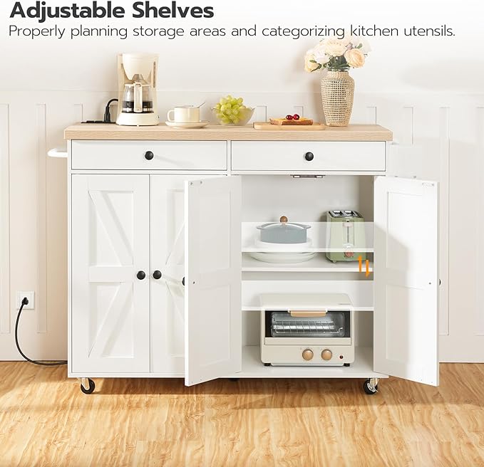 HOOBRO 43.3 Inch Kitchen Island with Charging Station, Rolling Kitchen Island with Storage, Kitchen Island Cart with Spice Rack and Hooks, for Kitchen, Living Room, White and Natural WN11UZD01 - LeafyLoom
