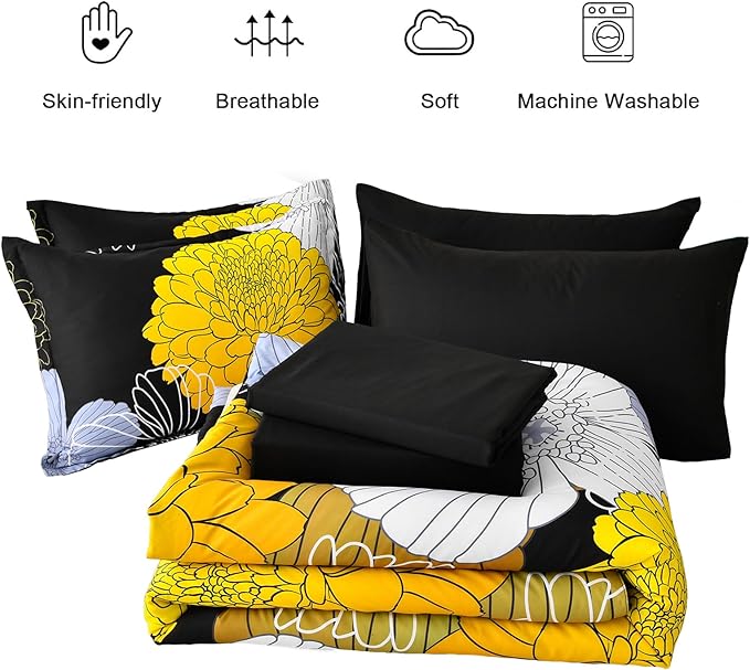 7 Pieces King Yellow Black Comforter Set Bed in a Bag Floral Bedding Set Soft Microfiber Comforter (1 Comforter 1 Flat Sheet 1 Fitted Sheet 2 Pillowshams 2 Pillowcases) - LeafyLoom