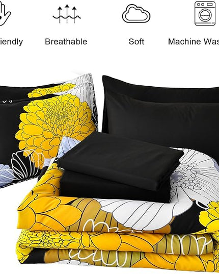 Bed in a Bag Queen Yellow Black Comforter Set 7 Pieces Soft Microfiber Floral Bedding Set with 1 Comforter 1 Flat Sheet 1 Fitted Sheet 2 Pillowshams 2 Pillowcases - LeafyLoom