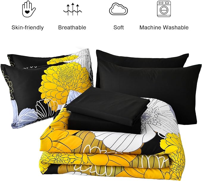 Bed in a Bag Queen Yellow Black Comforter Set 7 Pieces Soft Microfiber Floral Bedding Set with 1 Comforter 1 Flat Sheet 1 Fitted Sheet 2 Pillowshams 2 Pillowcases - LeafyLoom