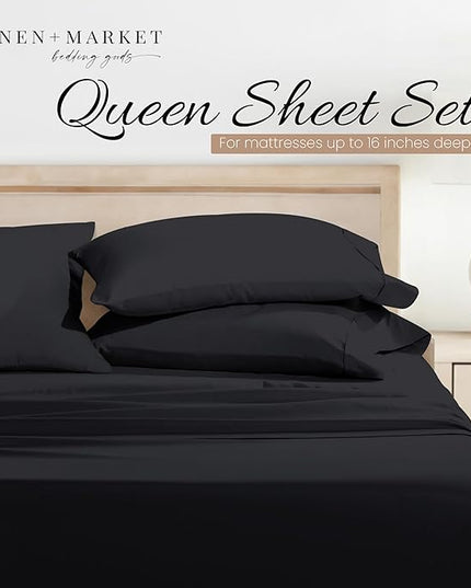 Linen Market Bed Sheets for Queen Size Bed (Black) - Sleep Better Than Ever with These Soft and Cooling Queen Sheets - Deep Pocket Fits 16" Thick Beds - 4 Piece Queen Sheet Set - LeafyLoom