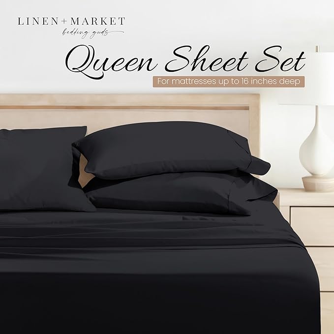 Linen Market Bed Sheets for Queen Size Bed (Black) - Sleep Better Than Ever with These Soft and Cooling Queen Sheets - Deep Pocket Fits 16" Thick Beds - 4 Piece Queen Sheet Set - LeafyLoom