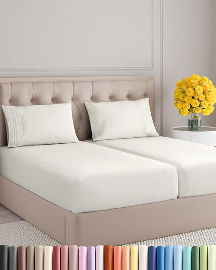 Split King Size 5 Piece Sheet Set - Comfy Breathable & Cooling Sheets - Hotel Luxury Bed Sheets for Women & Men - Deep Pockets, Easy-Fit, Extra Soft & Wrinkle Free - Antique White Oeko-Tex Bed Sheets - LeafyLoom