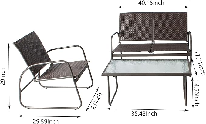Mapleleaf 4 Pieces Rattan Patio Furniture Set, Outdoor Wicker Conversation Sofa Set, Rattan Chair and Glass Coffee Table for Yard, Pool or Backyard (Brown) - LeafyLoom
