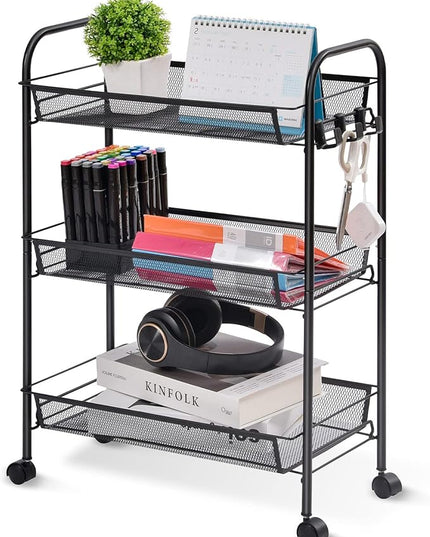 TOOLF 3-Tier Metal Rolling Cart, Mesh Wire Easy Assemble Utility Cart, Storage Trolley on Wheels with 3 Hooks, MetalStorage Shelving Units for Kitchen Bathroom Laundry Room - LeafyLoom