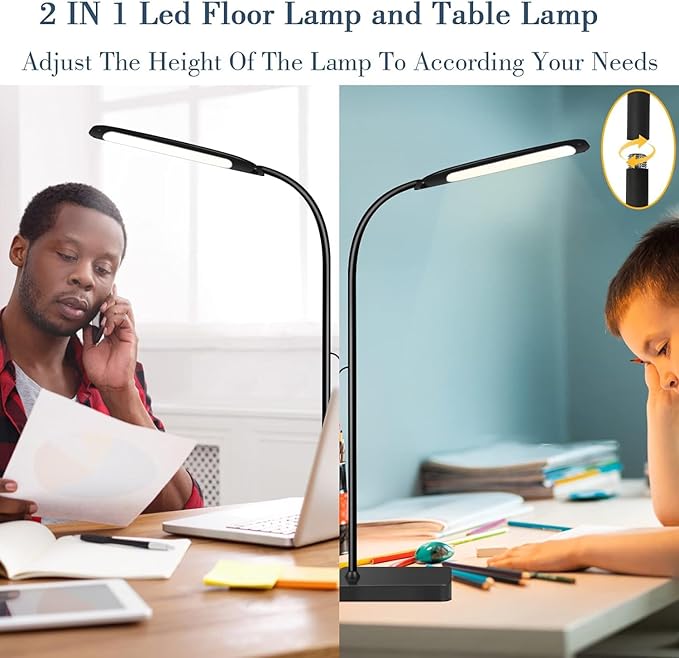 Syrinx LED Floor Lamp, 2 in 1 Standing Lamp with 3 Color Temperatures, Stepless Dimmable Table Lamps Floor Standing Lamps for Home Office Studying Reading Bedside 10W LED Desk Light - Black - LeafyLoom