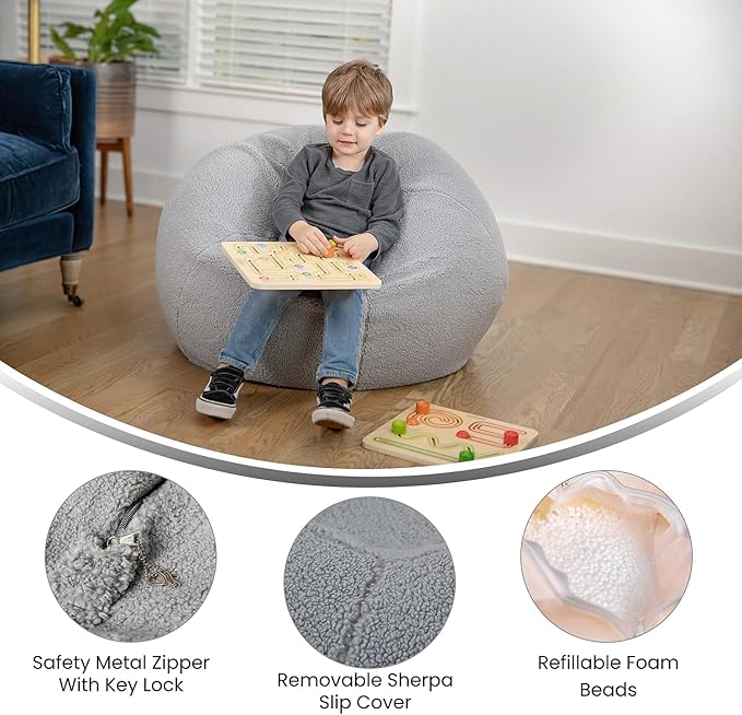 Flash Furniture Dillon Sherpa Bean Bag Chair, Classic Refillable Bean Bag Chair for Kids and Teens, Small, Gray - LeafyLoom