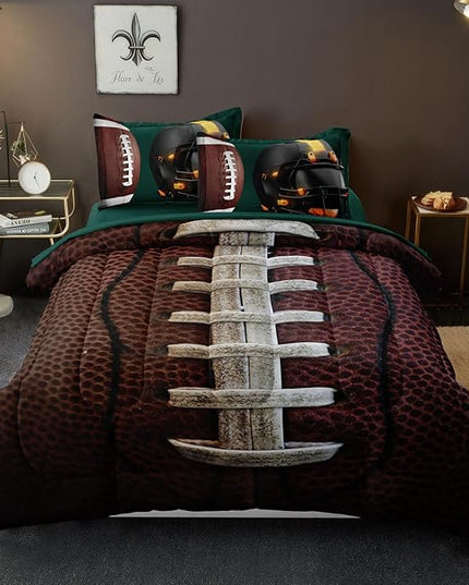 Teen Boy Football Bedding Set Twin Size, 4 Pieces American Football Comforter Set Twin, Kids Sports Bedding Bed in a Bag Set, Green Brown - LeafyLoom