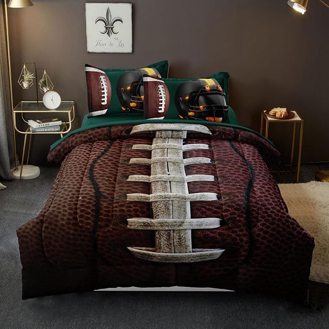 Teen Boy Football Bedding Set Twin Size, 4 Pieces American Football Comforter Set Twin, Kids Sports Bedding Bed in a Bag Set, Green Brown - LeafyLoom