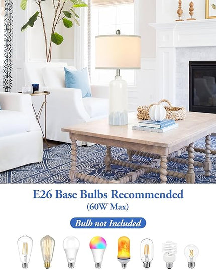 26" Ceramic Table Lamps Set of 2, Coastal Living Room Table Lamps with White Fabric Shades, Large Modern Bedside Lamps for Bedroom Nightstand Office Hotel Beach House, Blue Accent - LeafyLoom