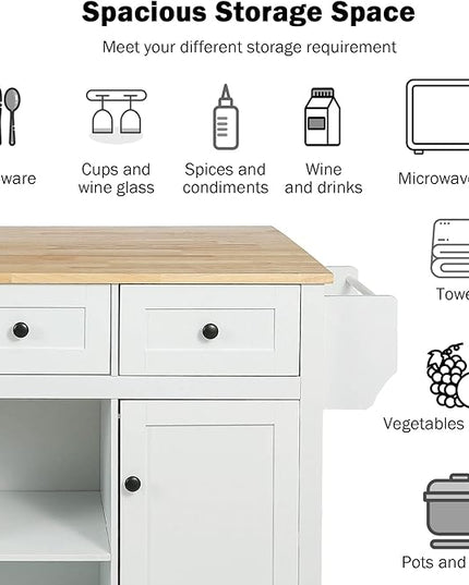 Kitchen Island with Storage on Wheels,Rolling Kitchen Island Cart w/Drop Leaf Countertop,Portable Rolling Cart with 3 Drawers&Tower Rack for Kitchen Dinning Room - LeafyLoom