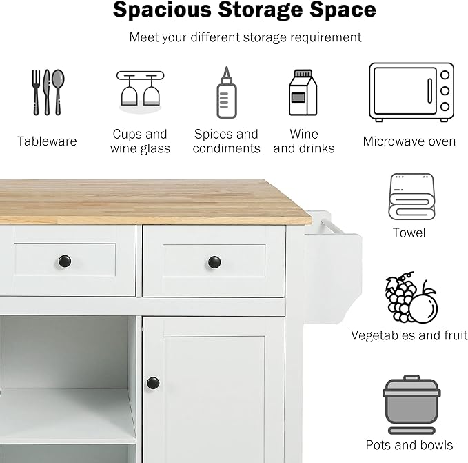 Kitchen Cart with Rubber Wood Drop-Leaf Countertop, Kitchen Island On 5 Wheels with Storage Cabinet, 3 Drawers and Internal Storage Racks, Rolling Mobile Portable Serving Carts (Ivory) - LeafyLoom