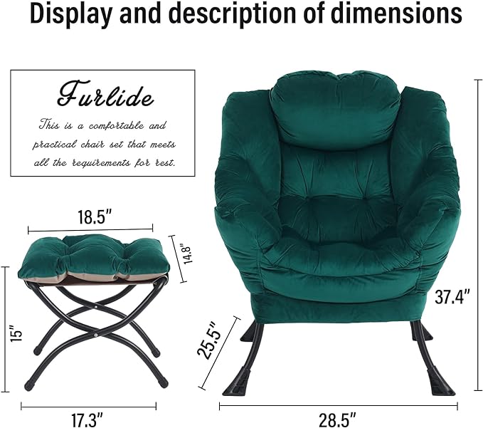 Oversized Chair with Ottoman, Modern Chair with Folding Footrest, Lounge Accent Chair, Comfortable Reading Chair for Bedroom, Study, Living Room, Courtyard (Dark Green) - LeafyLoom