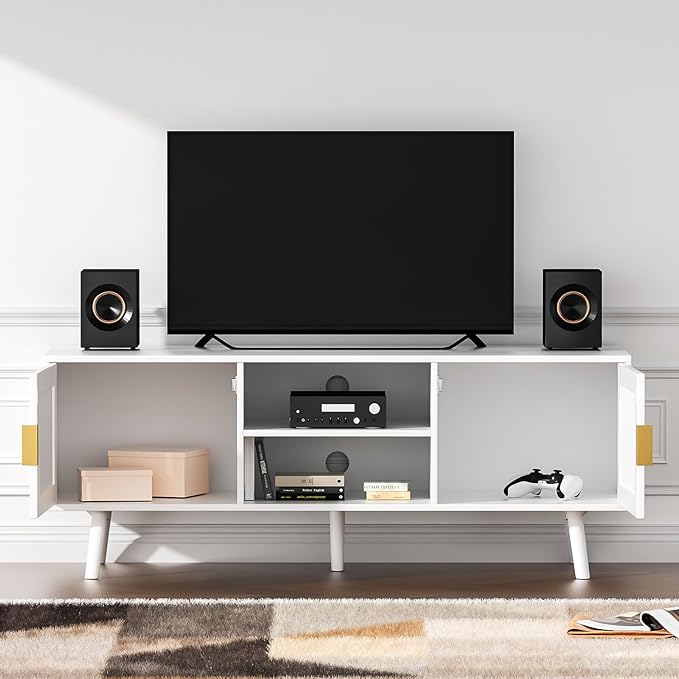 Anmytek Farmhouse Rattan TV Stand for 55 Inches TV Mid Century Modern Entertainment Center with Storage Cabinet Wood Small Media Console for Living Room White H0055 - LeafyLoom