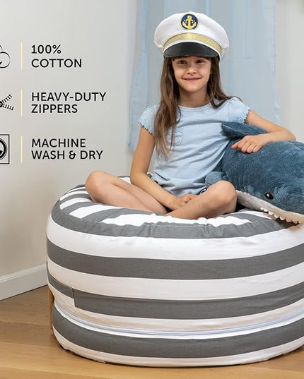 2 Sizes in 1 Stuffed Animal Storage Bean Bag Chair Cover for Kids & Adults | Washable XL Stuffie Seat | 100% Cotton | Pouf Organizer for Plush Toys, Linens, Quilts & Pillows | Royal Grey - LeafyLoom