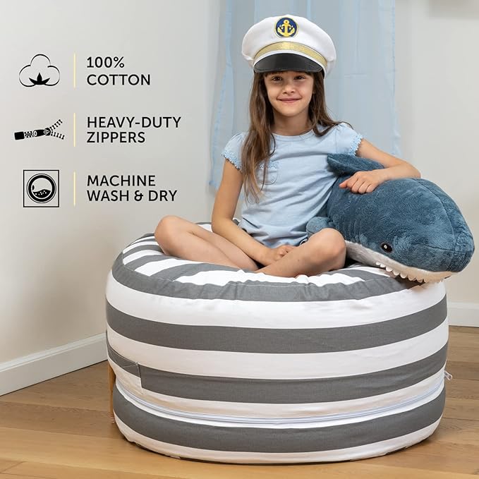 2 Sizes in 1 Stuffed Animal Storage Bean Bag Chair Cover for Kids & Adults | Washable XL Stuffie Seat | 100% Cotton | Pouf Organizer for Plush Toys, Linens, Quilts & Pillows | Royal Grey - LeafyLoom