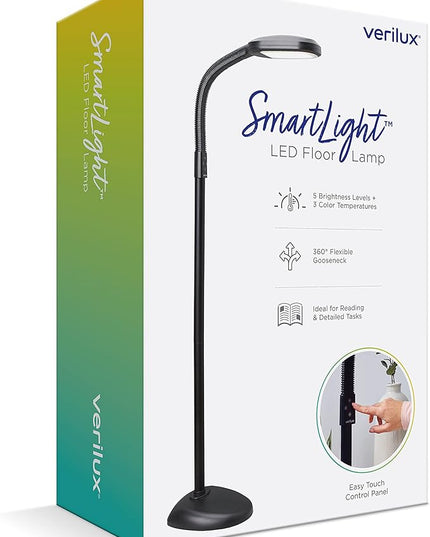 Verilux SmartLight Full Spectrum LED Modern Floor Lamp with Adjustable Brightness, Flexible Gooseneck and Easy Controls - Reduces Eye Strain and Fatigue - Ideal for Reading, Artists, Craft (Black) - LeafyLoom
