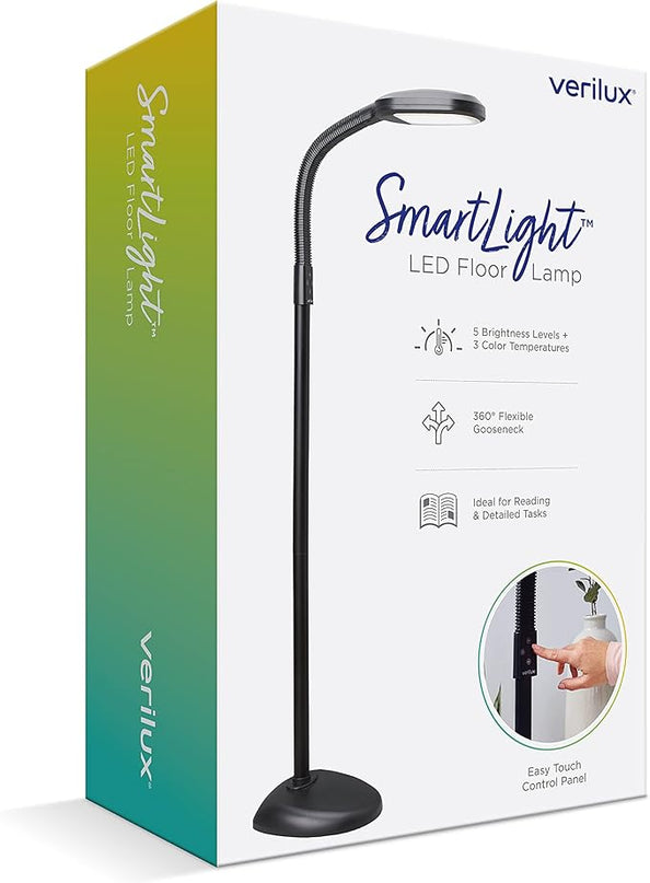 Verilux SmartLight Full Spectrum LED Modern Floor Lamp with Adjustable Brightness, Flexible Gooseneck and Easy Controls - Reduces Eye Strain and Fatigue - Ideal for Reading, Artists, Craft (Black) - LeafyLoom