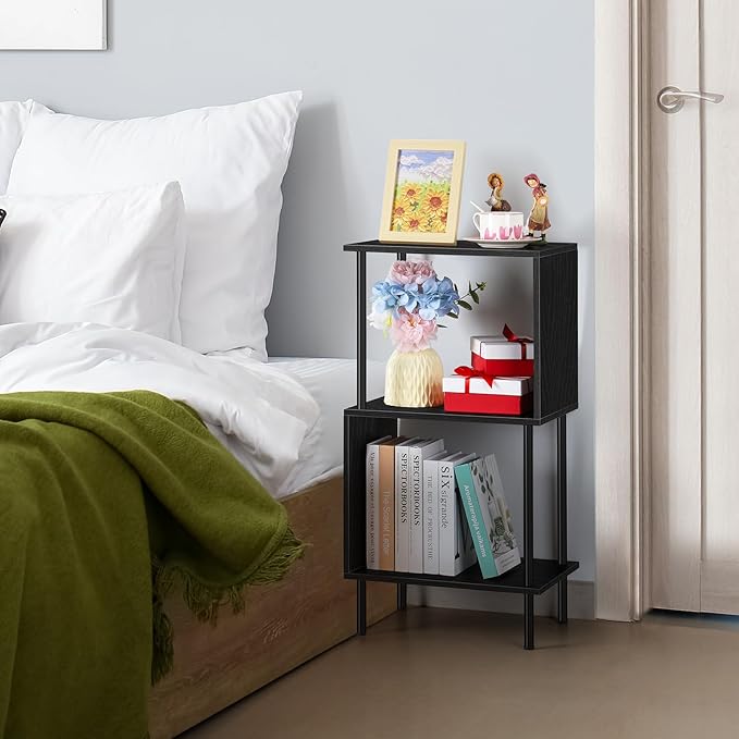 ETELI 3 Tier Small Bookshelf Black Book Shelf for Small Spaces S Shaped Bookcase Organizer for Office, Kids, Living Room Bedroom Home Corner - LeafyLoom
