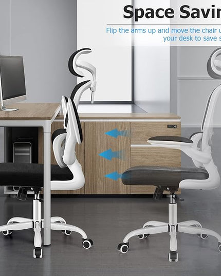 Office Desk Chair, Ergonomic High Back Mesh Office Chair with Lumbar Support and Adjustable Headrest, Swivel Computer Task Chair with Flip-up Arms, Executive Chairs for Home and Work (White) - LeafyLoom