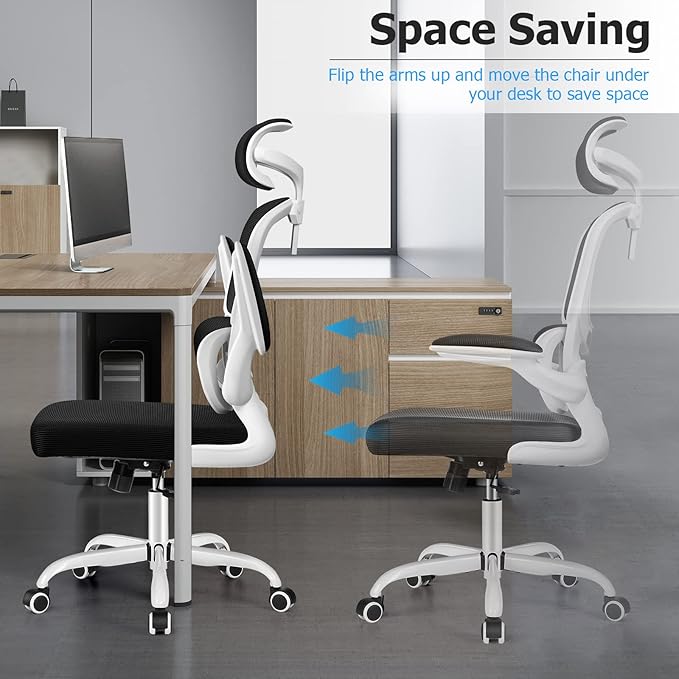 Office Desk Chair, Ergonomic High Back Mesh Office Chair with Lumbar Support and Adjustable Headrest, Swivel Computer Task Chair with Flip-up Arms, Executive Chairs for Home and Work (White) - LeafyLoom