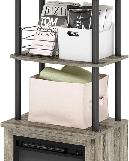 Furinno Turn-N-Tube 2-Tier Tall TV Entertainment Side Table Display Rack with Fireplace Insert, French Oak Grey/Black - LeafyLoom