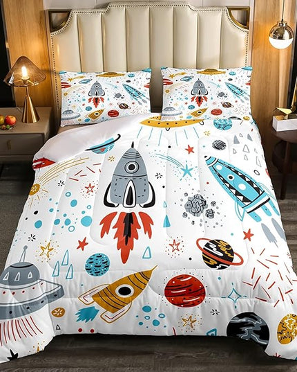 Erosebridal Outer Space Bedding Set Twin Size Kids Boys Space Ship Rocket Comforter Set Cartoon Universe Stars Planet Down Comforter Cosmos Meteorite Quilt Duvet Set with 1 Pillow Case - LeafyLoom