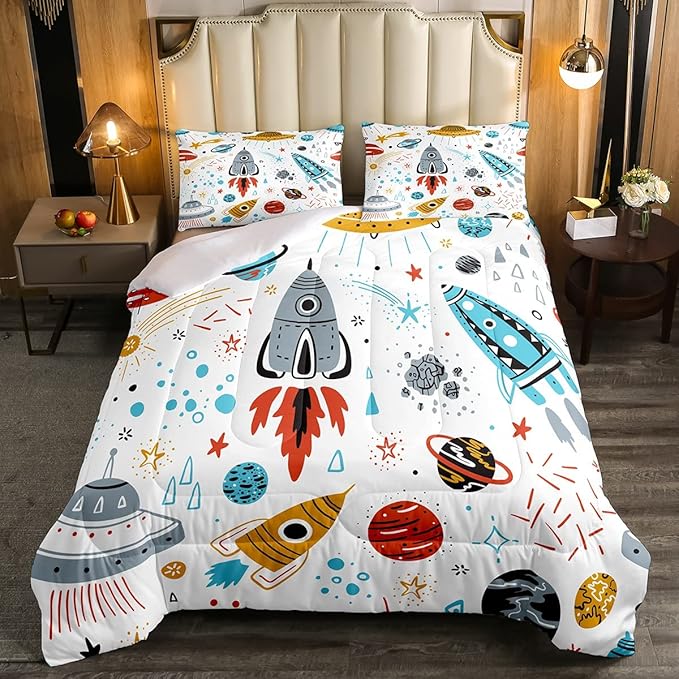 Erosebridal Outer Space Bedding Set Twin Size Kids Boys Space Ship Rocket Comforter Set Cartoon Universe Stars Planet Down Comforter Cosmos Meteorite Quilt Duvet Set with 1 Pillow Case - LeafyLoom