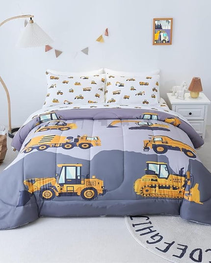 Full Size Comforter Set for Boys, 4-Piece Bed in a Bag, 3D Construction Bedding Comforter Sheet Set, Ultra Soft and Fluffy, Cartoon Truck Cars - LeafyLoom