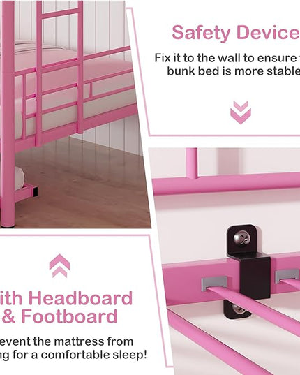 VECELO Twin Over Twin Bunk Bed with Trundle, Metal Bunkbeds with Ladder and Full-Length Guardrail, Noise Free, No Box Spring Needed, Pink - LeafyLoom