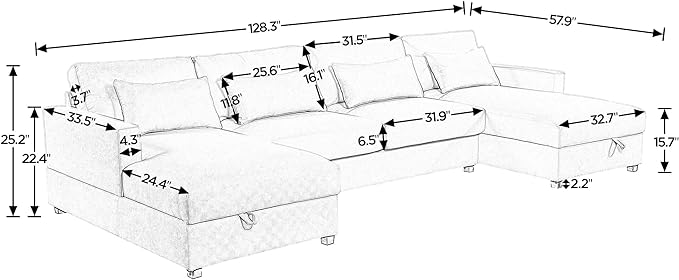 UBGO Modular Sectiona Oversized, Living Room Furniture Sets, couches with 2 Chaise w/Storage 4 Lumbar Support Pillows Space Dorm Apartment-Gray, 128.3" Large U-Shape Sectional Sofa, Grey a - LeafyLoom