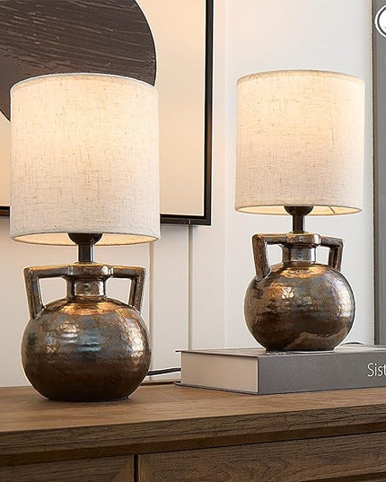 Rustic Farmhouse Ceramic Table Lamp Set of 2, Retro Bedsides Lamps Bedroom with Beige Fabric Lampshade Jar Lamps for Nightstand, 12” Small Table Lamp for Bedroom Living Room Office End Table Art Deco - LeafyLoom