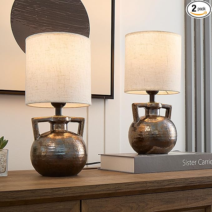 Rustic Farmhouse Ceramic Table Lamp Set of 2, Retro Bedsides Lamps Bedroom with Beige Fabric Lampshade Jar Lamps for Nightstand, 12” Small Table Lamp for Bedroom Living Room Office End Table Art Deco - LeafyLoom