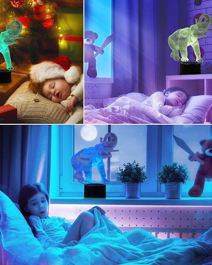3D Elephant Night Light USB Powered Remote Control Touch Switch Decor Desk Optical Illusion Lamps 7/16 Color Changing Lights LED Lamp Xmas Home Brithday Children Kids Decor Toy Gift - LeafyLoom