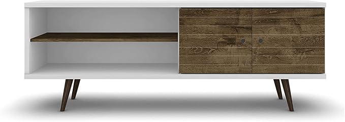 Manhattan Comfort Liberty Collection Mid Century Modern TV Stand With One Cabinet and Two Open Shelves With Splayed Legs, Wood/White, Medium, Model Number: 201AMC69 - LeafyLoom