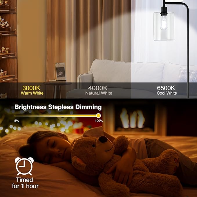 Industrial Floor Lamp, Dimmable Modern Standing Lamp with Clear Glass Shade, Black Tall Lamp with Remote & Foot Control, LED Bright Corner Lamp with 6W Bulb for Living Room Bedroom Office… - LeafyLoom