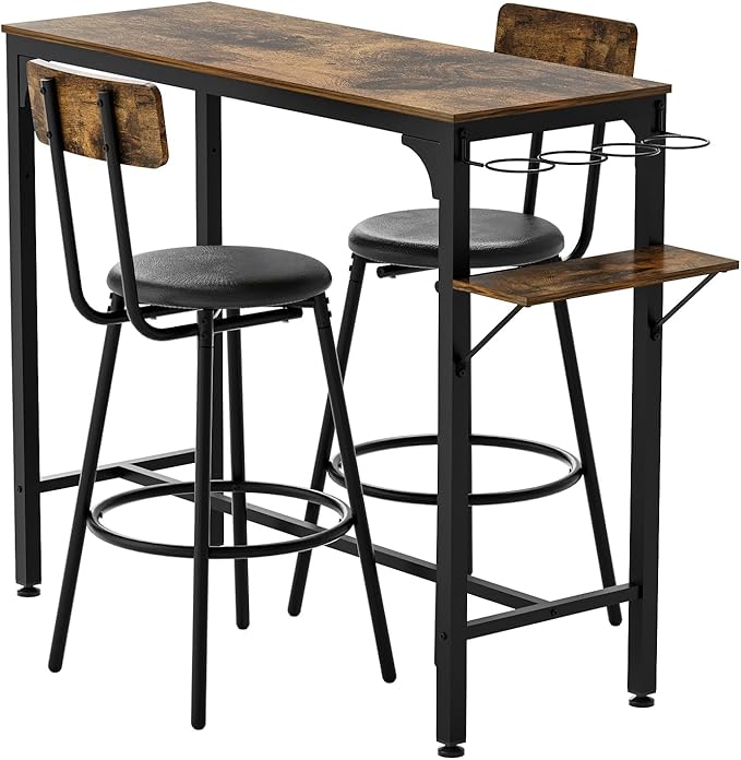 NicBex Small Dining Table for 2 Breakfast Nook Table Set Wood Top Metal Base Side Table Industrial Bar Table with Two Chairs, Adjustable Table Base Bistro Whiskey Pub Table, Antique Brown - LeafyLoom