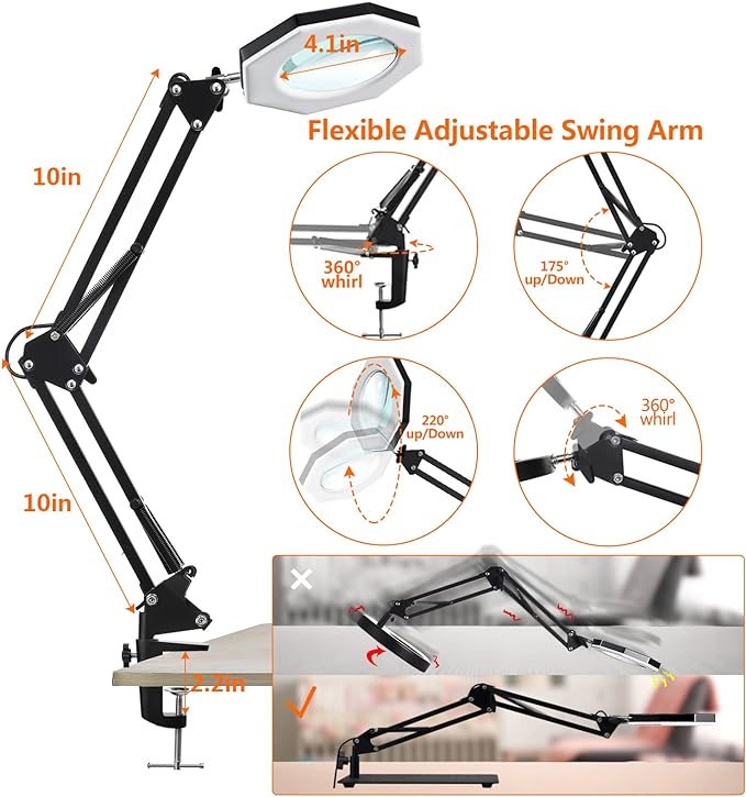 10X Magnifying Glass with Light and Stand,KUVRS 2200 IM 3-Color LED Magnifying Lamp, Magnetic Helping Hands, Adjustable Arm Large Base & Clamp Magnifier with Light for Soldering Craft Hobby Close Work - LeafyLoom