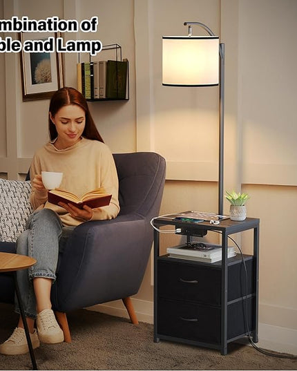 SUNMORY Floor Lamp with Table & 2 Drawers, Lamp with USB Port and Outlet, Lamps for Nightstand with 3 Color Temperature Led Bulb Included, Floor Lamps for Living Room, Bedroom and Home Office, Black - LeafyLoom