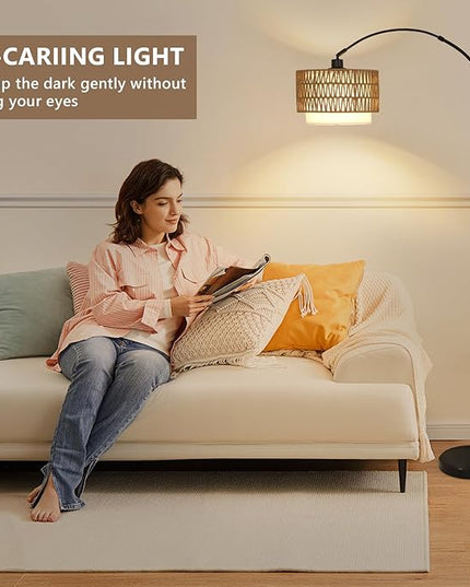 Arc Floor Lamp with Remote, Modern LED Floor Lamp with Dimmable Bulb, Boho Farmhouse Standing lamp with Fabric & Rattan Lampshades, Height Adjustable Black Tall Lamp for Living Room Bedroom - LeafyLoom