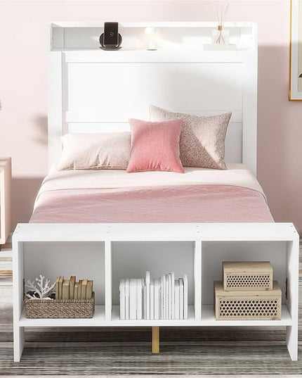 Merax Twin Size Platform Bed with Storage,Led Light and USB Ports,Kids Twin Bed Frame with Built-in Shelves and Cabinet,Kids Storage Bed Frames - LeafyLoom