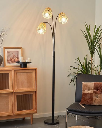 Boho Floor Lamp for Living Room, 72 Inch Tall Rattan Floor Lamp with Rotary Switch, 3-Lights Arched Floor Lamp with Rattan Shade for Coastal,Bohemian,Rustic ,Farmhouse Tree Standing Lamp for Bedroom - LeafyLoom