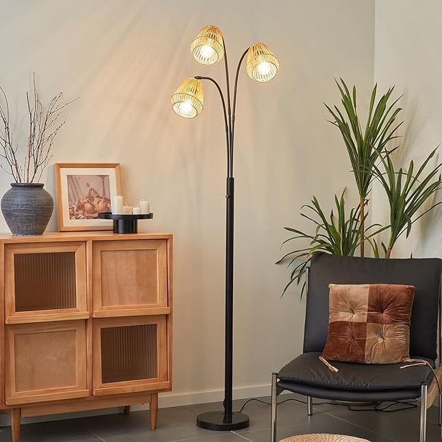 Boho Floor Lamp for Living Room, 72 Inch Tall Rattan Floor Lamp with Rotary Switch, 3-Lights Arched Floor Lamp with Rattan Shade for Coastal,Bohemian,Rustic ,Farmhouse Tree Standing Lamp for Bedroom - LeafyLoom