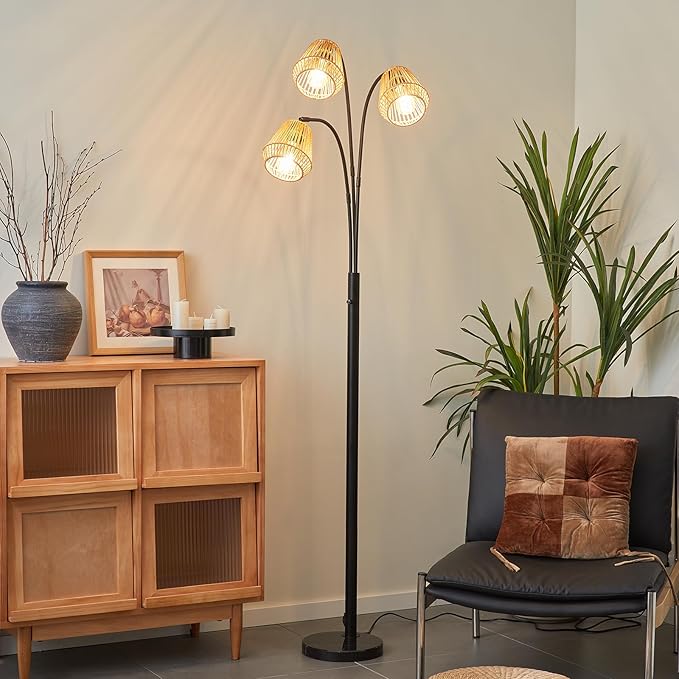 Boho Floor Lamp for Living Room, 72 Inch Tall Rattan Floor Lamp with Rotary Switch, 3-Lights Arched Floor Lamp with Rattan Shade for Coastal,Bohemian,Rustic ,Farmhouse Tree Standing Lamp for Bedroom - LeafyLoom