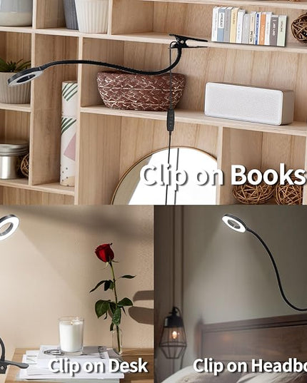 LQWELL® LED Desk Lamp Clip-on Ring Reading Light, 3 Color Temperatures, 10 Brightness Levels & Stepless Dimming, 360° Flexible Clamp Table Lights for Home Office (Neck Length 70CM) - LeafyLoom